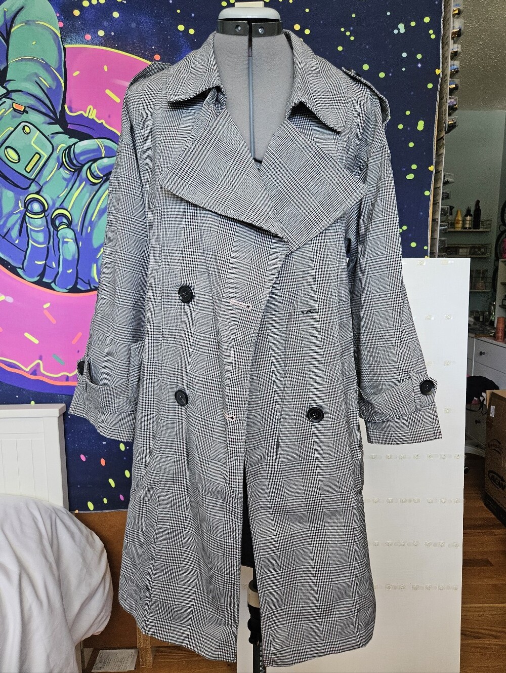 Plaid Double-Breasted Trench Coat - Black/White